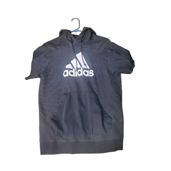 Adidas Black Gray Sport ID Short Sleeve Pullover Hoodie Logo CV3224 Men’s Size M - Picture 1 of 6
